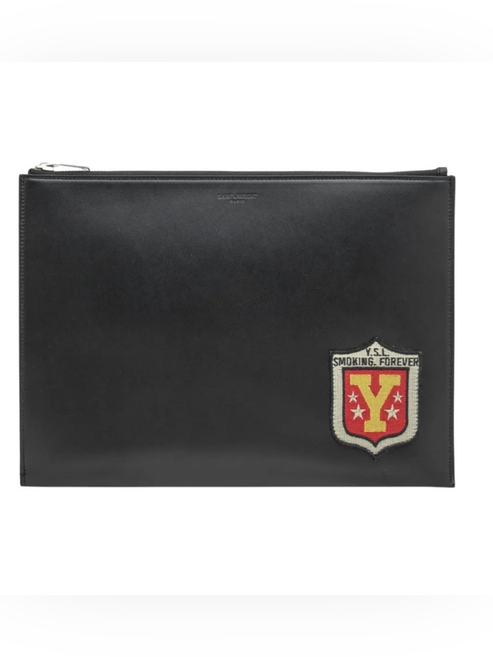 YSL! Smoking Forever Leather Crest Patch Zip Clutch